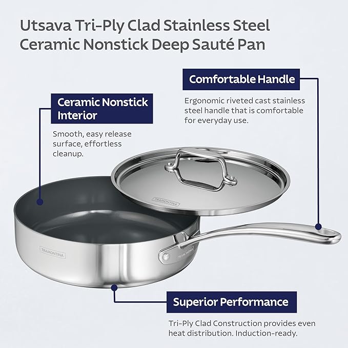 Tramontina Utsava Tri-Ply Clad Stainless Steel 2.9-Quart Saute Pan - Image 3
