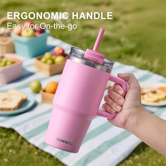 SUNWILL Travel Coffee Mug with Lid, 20 oz Tumbler with Handle and Straw Leak Proof, Stainless Steel Cup Insulated for Office & Gym, Cupholder Friendly, Powder Coated Pink - Image 5