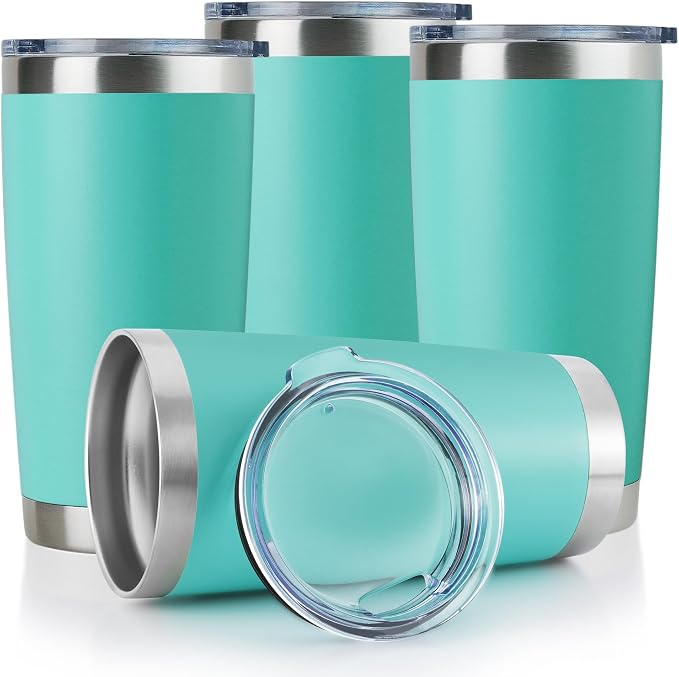 DOMICARE 20oz Stainless Steel Tumbler Bulk with Lid, Double Wall Vacuum Insulated Travel Mug, Powder Coated Coffee Cup, Light Blue, 4 Pack by VisittheDOMICARE