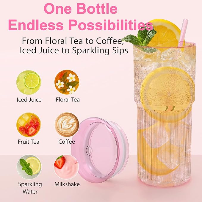 Luiaiog 20oz Glass Cups with Lids and Straws - Set of 4 Reusable Tumblers, Thickened Shatter-Resistant Glass, Ideal for Iced Coffee, Smoothies, Cocktails, Juices - Elegant & Durable Drinkware (Pink) - Image 3