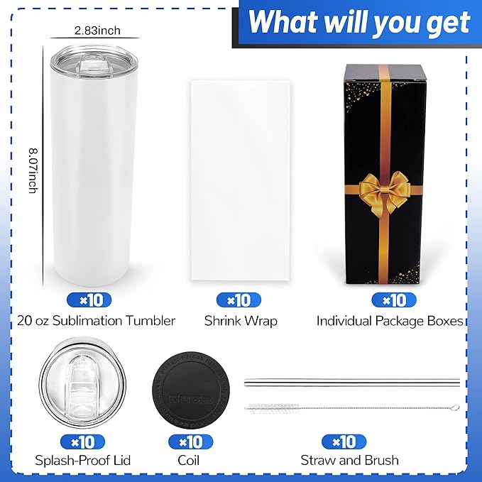 Joyclub Sublimation Tumblers Blanks 20 oz 10 Pack Skinny Straight Tumblers Bulk Stainless Steel Insulated Sublimation Cups with Lid and Straw, Gift Box - Image 2