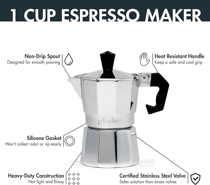 Primula Classic Stovetop Espresso and Coffee Maker, Moka Pot for Italian and Cuban Café Brewing, Greca Coffee Maker, Cafeteras, 1 Espresso Cup, Silver - Image 2