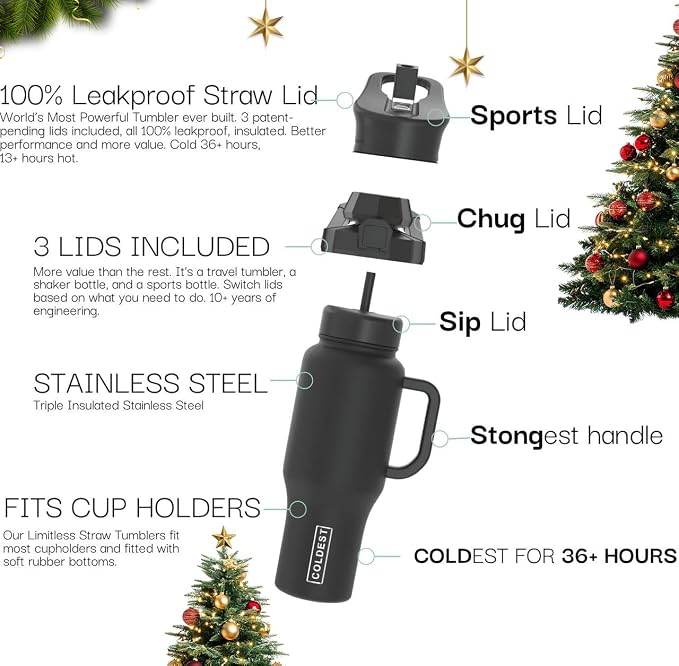 Coldest Tumbler with Handle and Straw - 100% Leak Proof Insulated Tumbler with Lid and Straw (3 Lids) - Stainless Steel Tumblers for Women & Men - Cup Holder Friendly Base, 36 oz (Purple Oasis) - Image 2