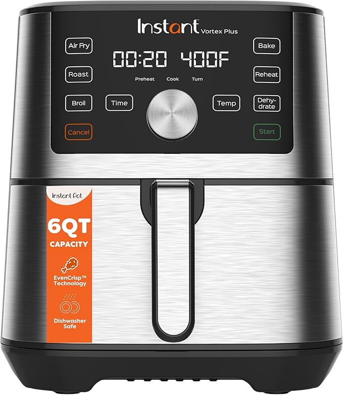 Instant Pot 6QT VORTEX Plus Air Fryer, 6-in-1, Air Fry, Broil, Dehydrate, Crisp, Roast, Reheat, Bake, Dishwasher-Safe Airfryer basket, from the Makers of Instant Pot, Stainless Steel by InstantPot