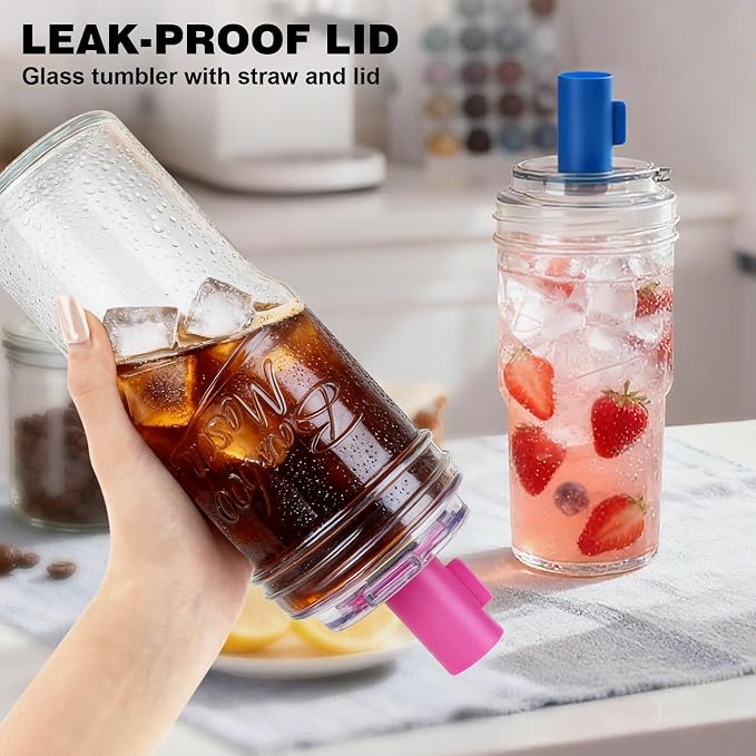 ANOTION Bamboo Mason 24oz Glass Tumbler with Straw Leakproof Lid, Cap Cup Mason Jar 4 Color Caps, Self-Assembly Leak-Proof Lid Straw, Reusable Iced Coffee Cup, Mason Jar Drinking Glass Coffee Gifts - Image 7