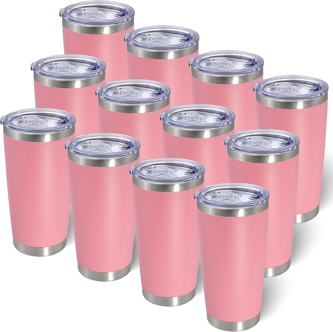 AIANJI 20oz Tumbler Bulk Stainless Steel Tumblers with Lid Vacuum Insulated Double Wall Travel Coffee Mug Powder Coated Tumbler Cup for Hot and Cold Drinks(Pink, 12 pack) by AIANJI
