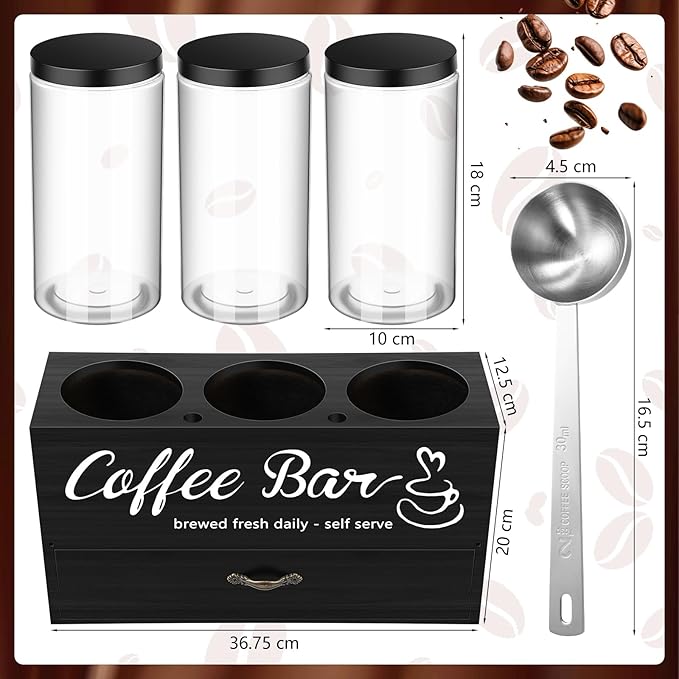 3 Pcs Coffee Canister Set with Shelf and Spoon Plastic Coffee Bean Storage - Image 2