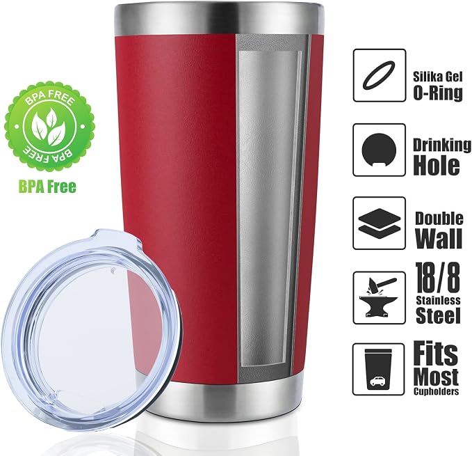 DOMICARE 20oz Stainless Steel Tumbler Bulk with Lid, Double Wall Vacuum Insulated Travel Mug, Powder Coated Coffee Cup, Powder Red, 1 Pack - Image 2