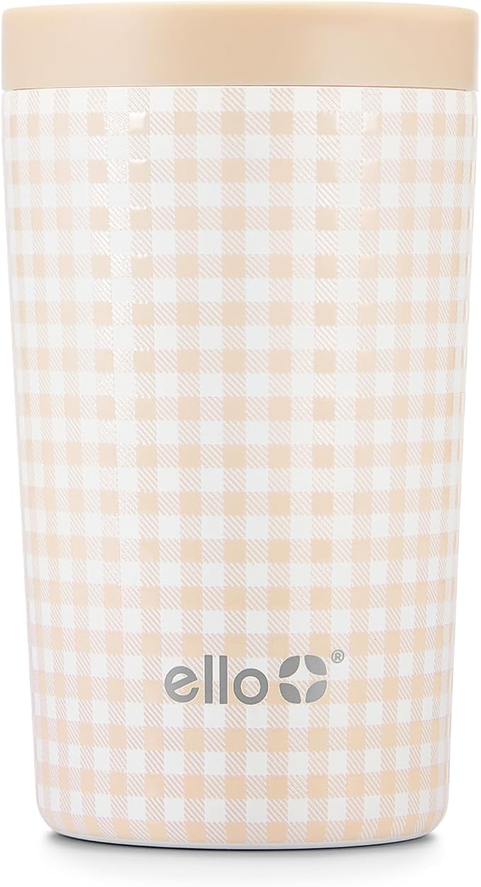 Ello Jones 11oz Insulated Stainless Steel Travel Mug with Leak-Proof Slider Lid, Single Serve Small Coffee Tumbler, Keeps Drinks Hot 3 Hours Cold 8 Hours, BPA-Free, Beige Gingham by Ello