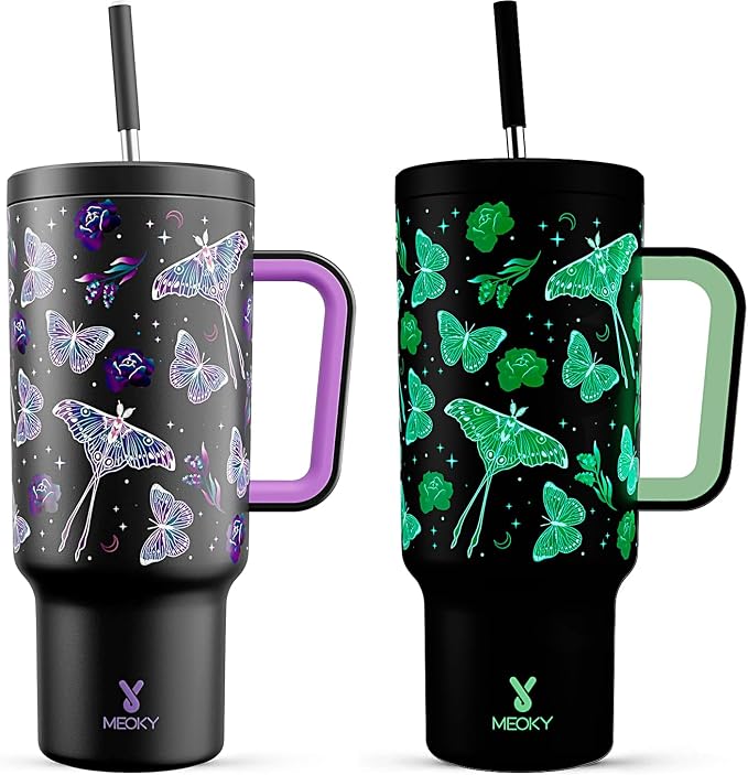 Meoky 40 oz Glow in the Dark Tumbler with Handle and Straw, Tumbler with Lid and Straw, Insulated Stainless Steel Travel Mug, 100% Leak-proof, Keeps Cold for 34 Hours (Butterfly) by MEOKY