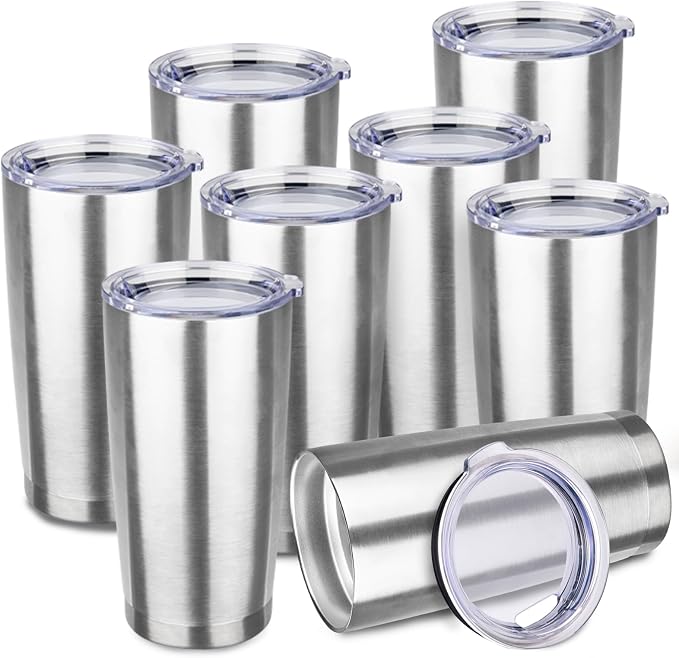 StarSpeed 20oz Tumbler Bulk with Lid, Stainless Steel Insulated Tumblers Double Wall Vacuum Insulated Travel Mug, Powder Coated Coffee Cups for Hot and Cold Drinks(Silver,8) by StarSpeed