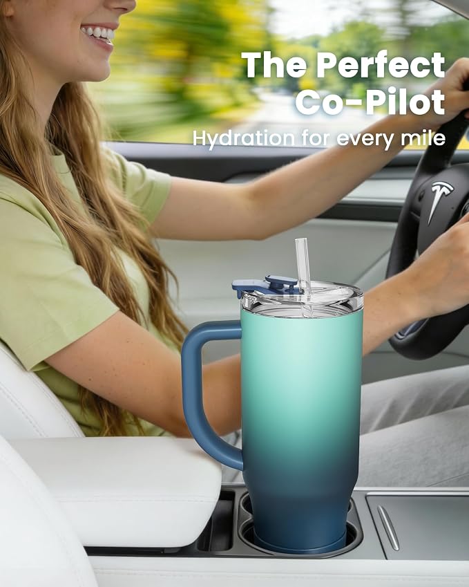 Renoj Insulated Mug 100% Leak Proof Insulated Water Bottle for Iced Coffee & Hot Drinks - Fits Car Cup Holder, Ideal Gift, 2 Straws & Silicone Boot - SnapShift Blue Gradient 32 oz - Image 2