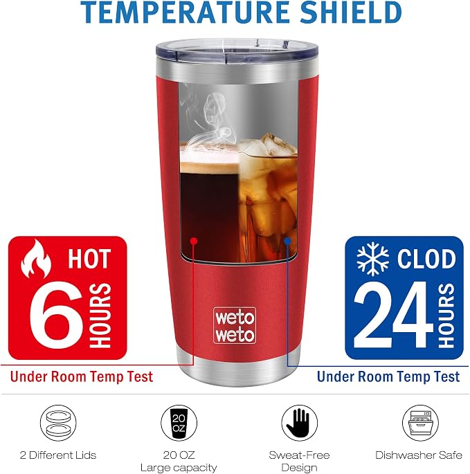 WETOWETO 20oz Tumbler, Stainless Steel Vacuum Insulated Water Coffee Tumbler Cup, Double Wall Powder Coated Leak-proof Travel Mug (Red, 1 Pack) - Image 5