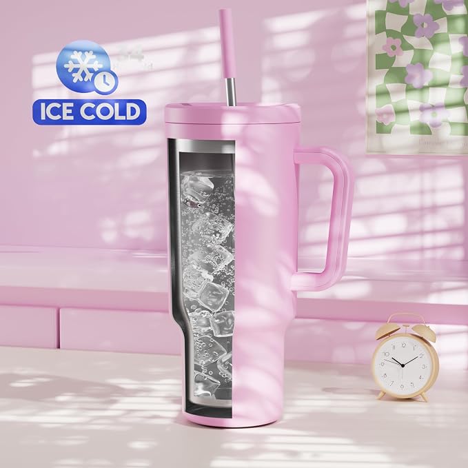 Meoky 40 oz Tumbler with Handle and Straw: Stainless Steel Insulated Tumbler with Lid and Straw - 100% Leak Proof Tumbler for Car Cup Holders - Travelers Commuters Workers, Pink - Image 2