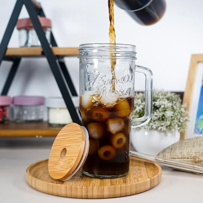 ANOTION Glass Cups with Lids and Straws - 24 oz Tumbler with Handle Christmas Coffee Cups Glass Straws Mason Jar Cups Drinking Set Kitchen Essentials Coffee Bar House Warming Gifts New Home - Image 7