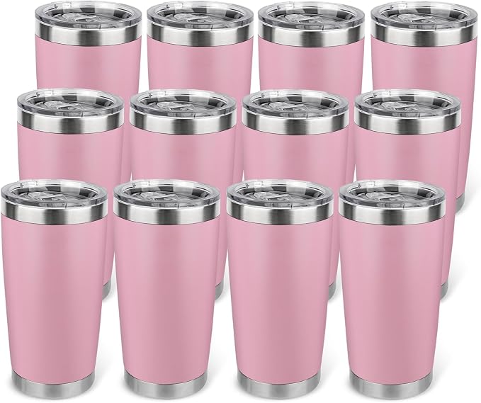 20oz Stainless Steel Tumbler Bulk with Lid, Travel Mug - Double Wall Vacuum Powder Coated Cup - Light Pink, 12 Pack by Unknown