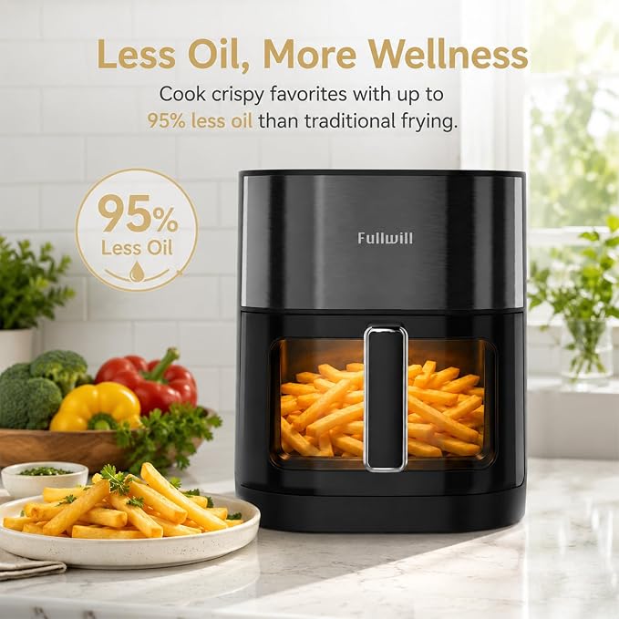 Fullwill 6Qt Air Fryer with Window, Dual Heating, 14-in-1/12 Presets (Wings, Steak, Fries, Pizza), 392°F, 1700W, Nonstick & Dishwasher-Safe Basket, PFOA-Free, Oil-Free Fast Cooking - Image 5