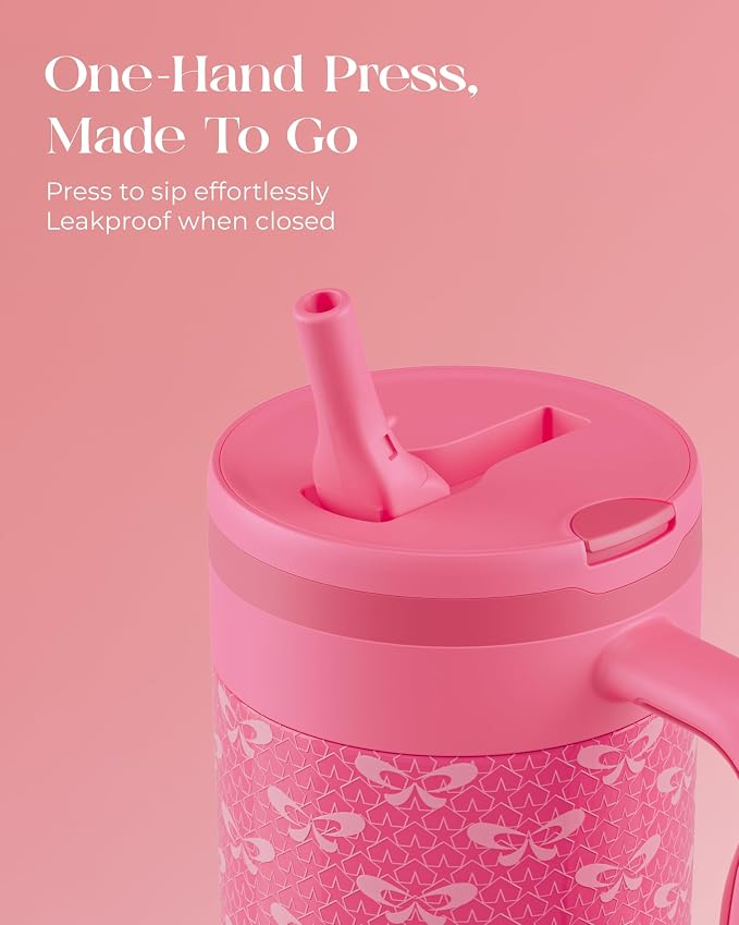 40 oz Insulated Tumbler with Handle and Push-Button Straw Lid, Stainless Steel Travel Cup for Gym Office, Leakproof, BPA-Free, Cup Holder Friendly, Bow Silicone Boot, Pink (Coquette Fuchsia) - Image 3