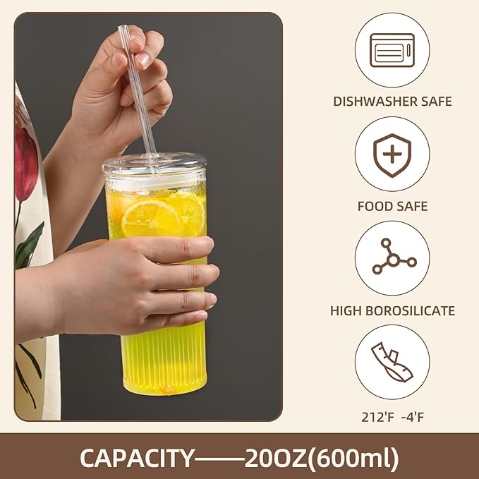 20oz Glass Cups With Glass Lids and Straws, High Borosilicate Iced Coffee Cups, Reusable Glass Tumblers for Coffee, Tea, Juice, Smoothies, Hot/Cold Drinks at Home, Office - 4 Packs - Image 4