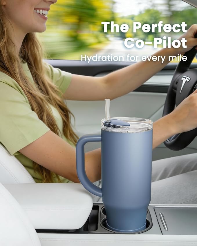 Renoj Insulated Mug 100% Spill Resistant Insulated Water Bottle for Iced Coffee & Hot Drinks - Fits Car Cup Holder, Ideal Gift, 2 Straws & Silicone Boot - FlexSlide Navy Blue 40 oz - Image 2