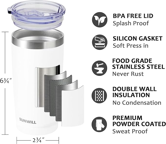 SUNWILL Travel Coffee Tumbler 20 oz, Insulated Mug with Lid, Stainless Steel Cup for Hot and Cold Drinks, Powder Coated White - Image 2