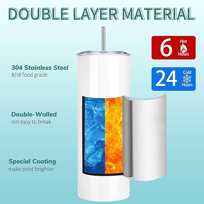 D·S 10 Pack Sublimation Tumblers Bulk 20 oz Skinny Straight Flat Bottom Blank Tumbler Cups with Individual Gift Boxed for Heat Transfer DIY Craft - Image 4
