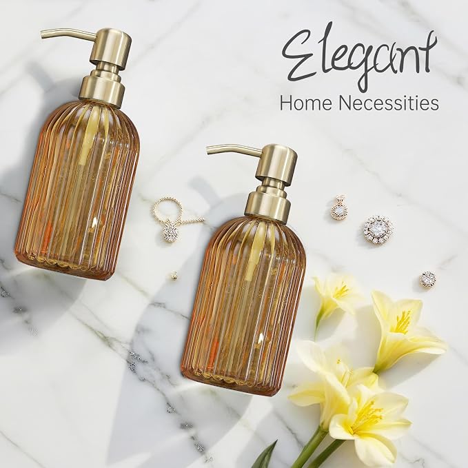 16 OZ Amber Glass Soap Dispenser, Amber Stripe Bathroom Hand Soap Dispensers - Image 5