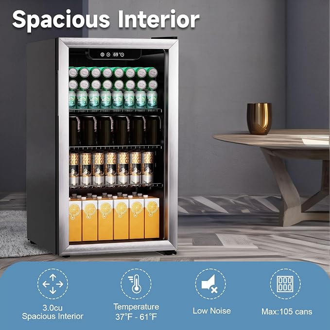 DOGHLY 105 Cans/3.0 Cu.Ft Beverage Refrigerator Glass Door Mini Fridge | Fast Cooling Mini Cooler with Adjustable Shelves for Soda, Beer, Wine, Low Noise Beverage Fridge for Home, Office,and Dorm - Image 5