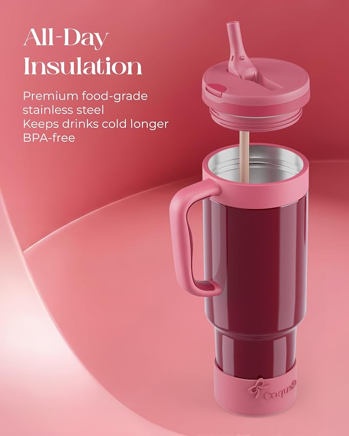 40 oz Insulated Tumbler with Handle and Push-Button Straw Lid, Stainless Steel Travel Cup for Gym Office, Leakproof, BPA-Free, Cup Holder Friendly, Bow Silicone Boot, Red (Wine Burgundy) - Image 4