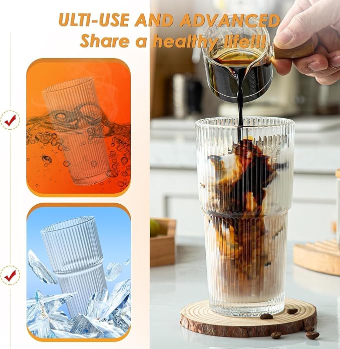 20 oz Glass Tumblers, Iced Coffee Cups with Lids and Glass Straws, Thickened Wall Glass Cups, Ideal for Smoothies, Cocktails, and Juices – Vintage and Durable Drinkware – 4 Pack - Image 2