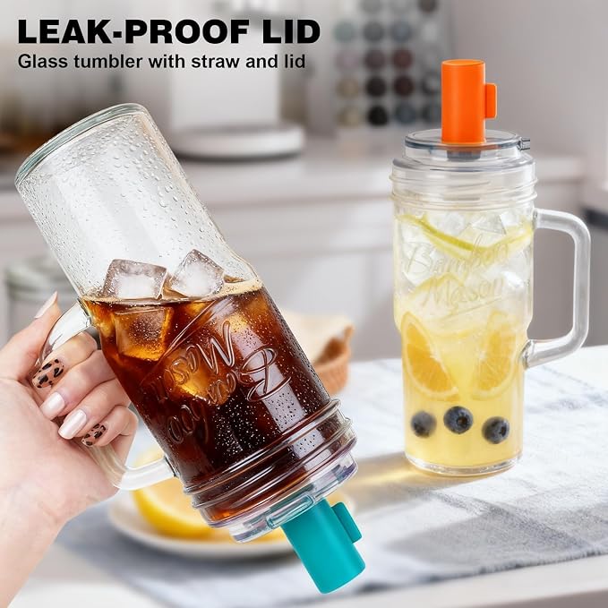 Anotion Mason Jar Cups with Lids and Straw, Leakproof 24oz Glass Tumbler with Handle, Leak-Proof Dustproof Cap, Self-Assembly Silicone Straw, Reusable Iced Coffee Matcha Cup Coffee Gifts for Women 4pc - Image 4
