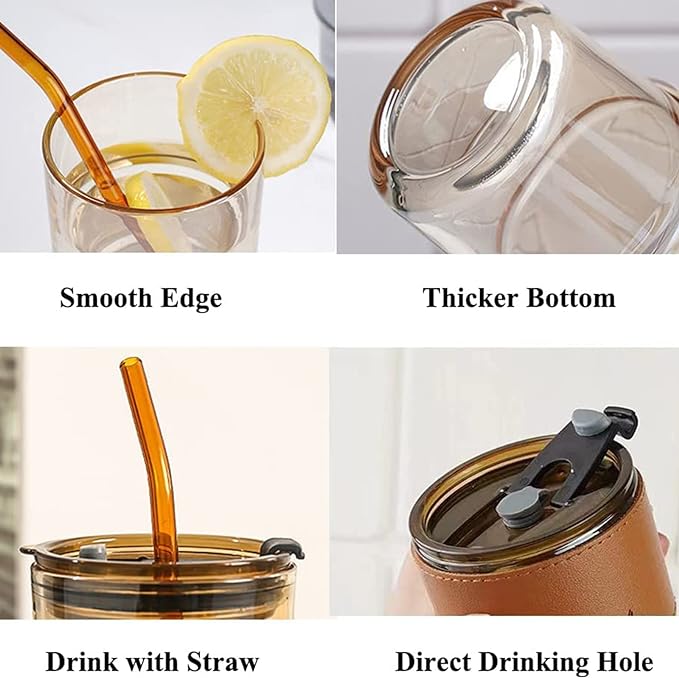 BLUEPOLAR 13 oz Tumbler Water Glass, Water Bottle with Straw and Dustproof Lid, Coffee Ice Cup Double Wall Insulated Glass Cup (Amber with Sleeve and Strap) - Image 6
