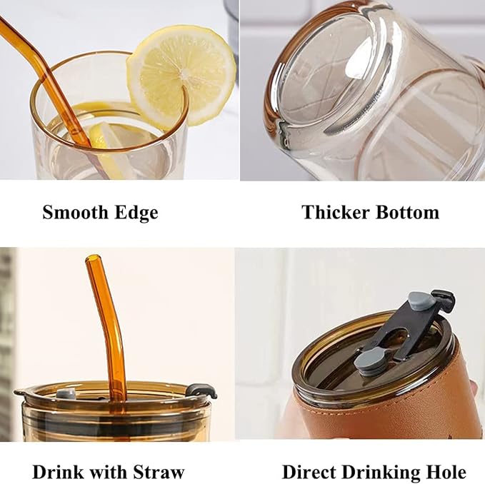 BLUEPOLAR 13 oz Tumbler Water Glass, Water Bottle with Straw and Dustproof Lid, Coffee Ice Cup Double Wall Insulated Glass Cup (Amber-4pack) - Image 2