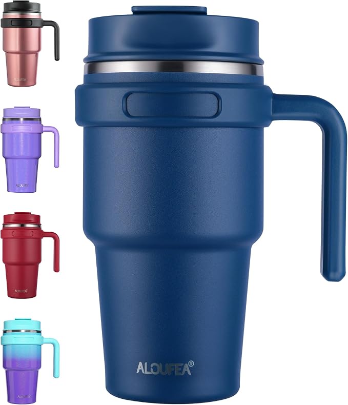 ALOUFEA 20 oz Insulated Coffee Mug Tumbler with Handle, Stainless Steel Travel Mug Tumbler with Lid and Straw,Double Wall Vacuum Leak Proof Ice Coffee Thermal Cup, Navy by ALOUFEA