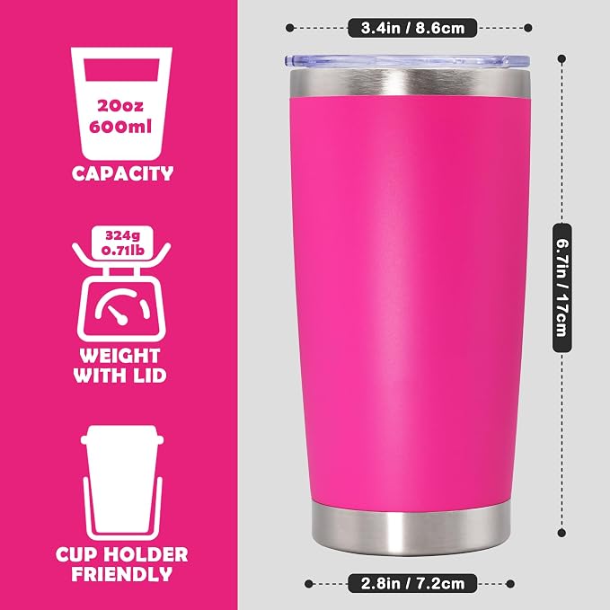 20oz Tumbler Stainless Steel Tumbler Cup with Lid Vacuum Insulated Double Wall Travel Mug, Durable Powder Coated Travel Coffee Tumbler Mug for Hot & Cold Drinks, Hot Pink,1 Pack - Image 4