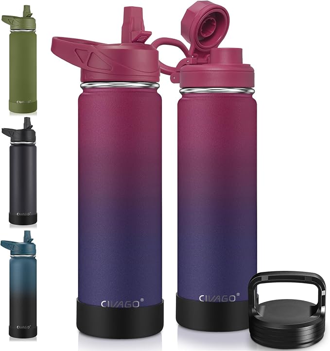 CIVAGO 22 oz Insulated Water Bottle With Straw, Stainless Steel Sports Water Flask Cup with 3 Lids (Straw, Portable Spout and Handle Lid), Double Walled Travel Thermal Canteen Mug, Dark Rainbow by CIVAGO