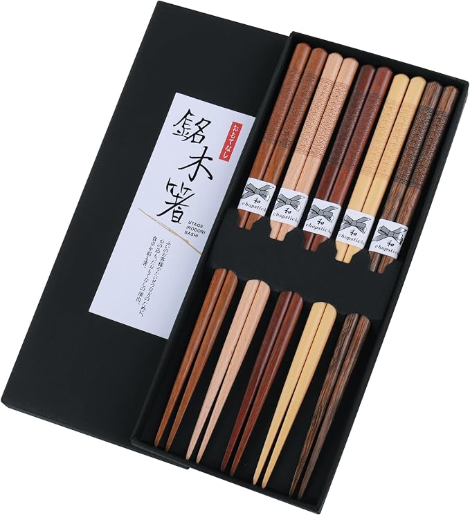 Reusable Chopsticks，GLAMFIELDS Japanese Natural Wooden 5 Pairs Hand-Carved by GLAMFIELDS