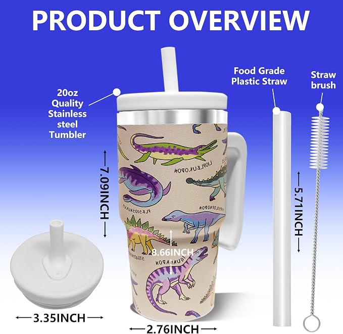 20-OZ Insulated Water Bottle,Insulated Stainless Steel Tumbler,Reusable Cold Drink Thermos,BPA-Free, Double-Wall Stainless Steel Water Bottle (Cream-Dinosaur, 20, Fluid Ounces) - Image 2