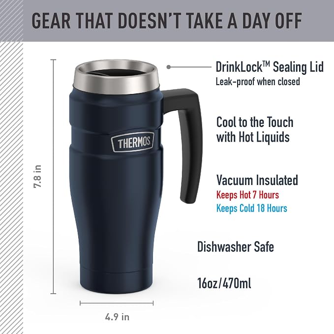 THERMOS Stainless King Vacuum-Insulated Travel Mug with Handle - 16oz, Midnight Blue - Thermos Tumbler for Hot & Cold Drinks - Leak & Sweat-Proof Stainless Steel Coffee Mug with Lid for Commuting - Image 2