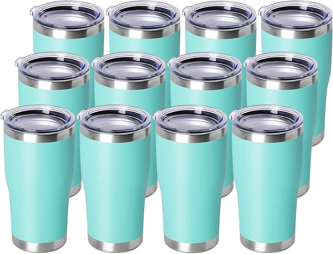 DOMICARE 20oz Tumbler with Lid Stainless Steel Tumblers Bulk, Double Wall Vacuum Insulated Coffee Travel Mug Powder Coated Tumbler, 12 Count (Pack of 1) Light Blue by VisittheDOMICARE