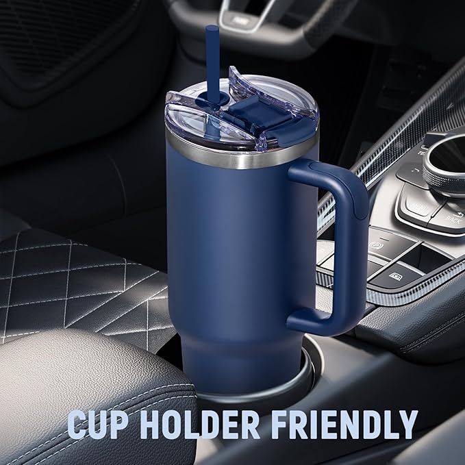 COKTIK 40 oz Tumbler With Handle and Straw, Insulated Tumbler With Leakproof Lids, Stainless Steel|BPA-Free, Cold for 24 H (Navy) - Image 6