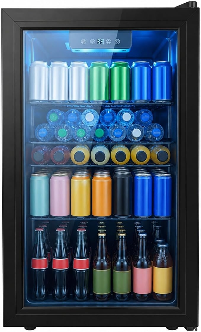 Dawmilon 3.2 Cu.Ft Beverage Refrigerator, 126 Can Beverage Cooler, Glass Door Drink Fridge, Mini Fridge with Digital Temperature Control and Air Cooling System for Beer Soda Wine Home Office Bar by Dawmilon