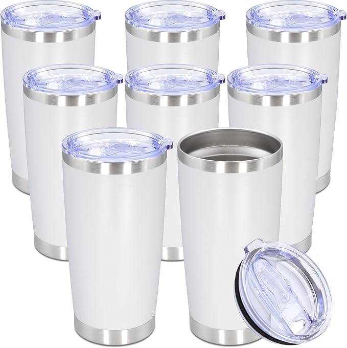 20oz Tumbler Bulk Stainless Steel Tumbler Cup with Lid Vacuum Insulated Double Wall Travel Mug, Durable Powder Coated Travel Coffee Tumbler Mug for Hot & Cold Drinks, White,8 Pack by AUWBON