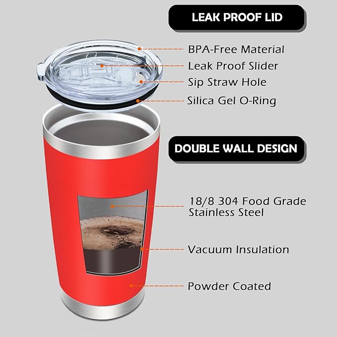 AIANJI 20oz Tumbler Bulk Stainless Steel Tumblers with Lid Vacuum Insulated Double Wall Travel Coffee Mug Powder Coated Tumbler Cup for Hot and Cold Drinks(Red, 1 pack) - Image 3