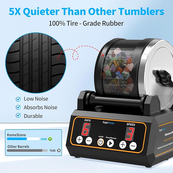KomeStone Rock Tumbler Kit, K1 Professional Large 2.5LB Capacity Edition - Memory Function, Digital Timer & Variable Speeds: Includes All Accessories, Rock Polisher Gift for Adults & Kids - Image 4