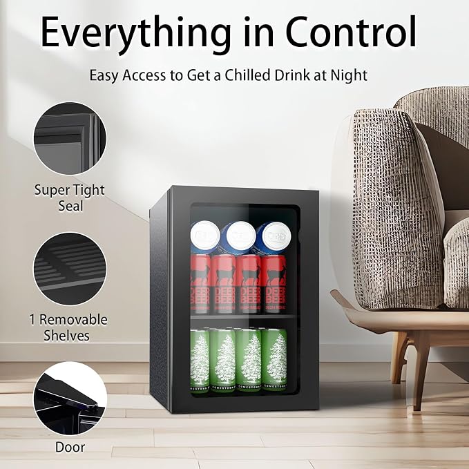 24 Can Mini Beverage Fridge, 0.9 Cu.Ft Compact Drink Refrigerator with Clear Door & Adjustable Shelves, Temperature Control, Quiet Compressor Small Refrigerator for Soda, Beer or Wine - Image 4