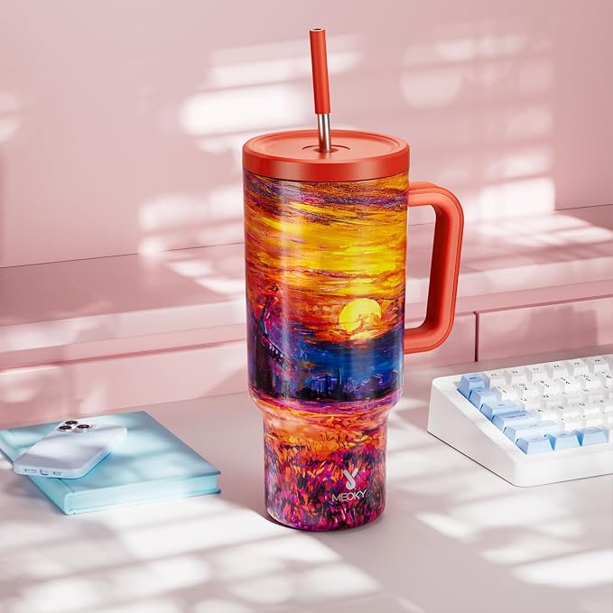 Meoky 40 oz Tumbler with Handle and Straw: Stainless Steel Insulated Tumbler with Lid and Straw - 100% Leak Proof Tumbler for Car Cup Holders - Travelers Commuters Workers, Sunrise - Image 7