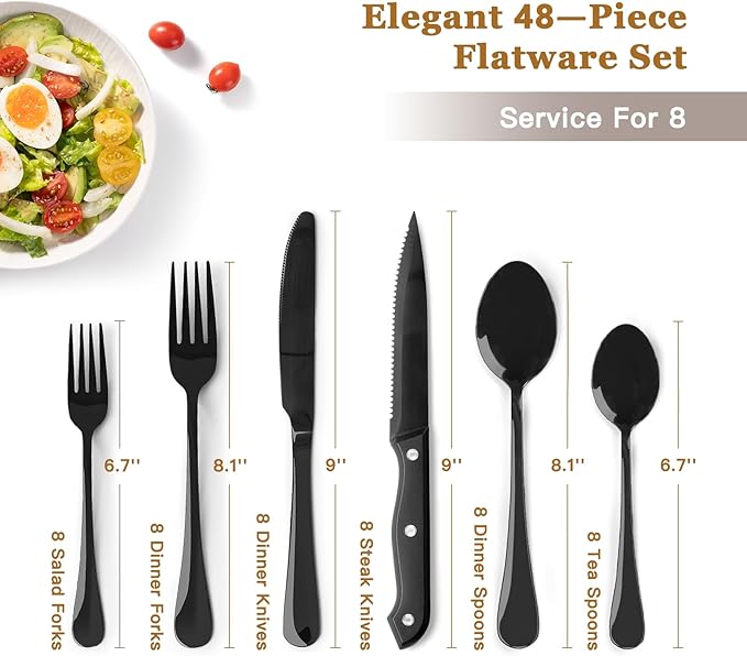 Astercook Silverware Set 48-Piece Black Flatware Set - Image 6