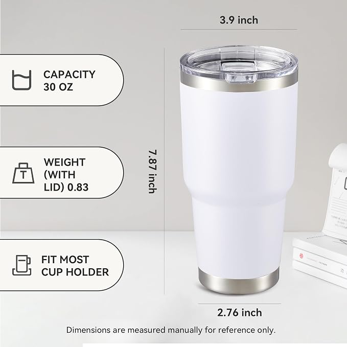 30 oz Tumbler with Lid Stainless Steel Tumblers Bulk Vacuum Insulated Cup Reusable Powder Coated Travel Mug Double Wall Leak Proof Cups Keep Cold Drinks for 12 Hours White, Set of 4 - Image 4
