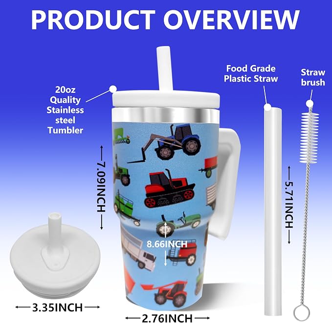 2PCS 20-OZ Insulated Water Bottle,Insulated Stainless Steel Tumbler,Reusable Cold Drink Thermos,BPA-Free, Double-Wall Stainless Steel Water Bottle (Blue-Farm Vehicles, 20, Fluid Ounces) - Image 2